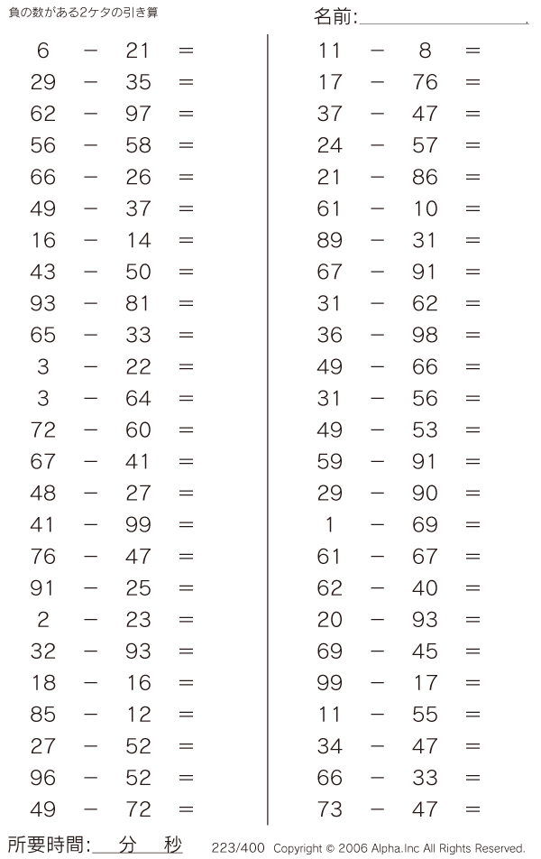 負の数がある2ケタの引き算 問題 223 400