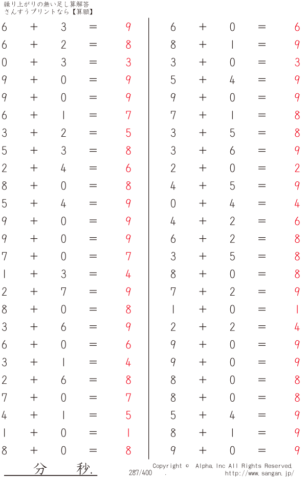 繰り上がりの無い足し算 解答 287 400