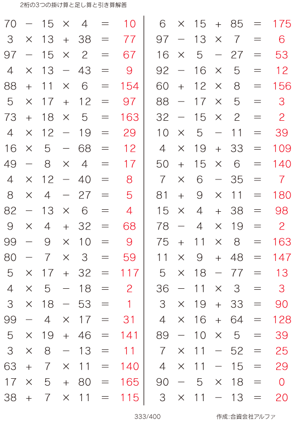 2桁の3つの掛け算と足し算と引き算 解答 333 400
