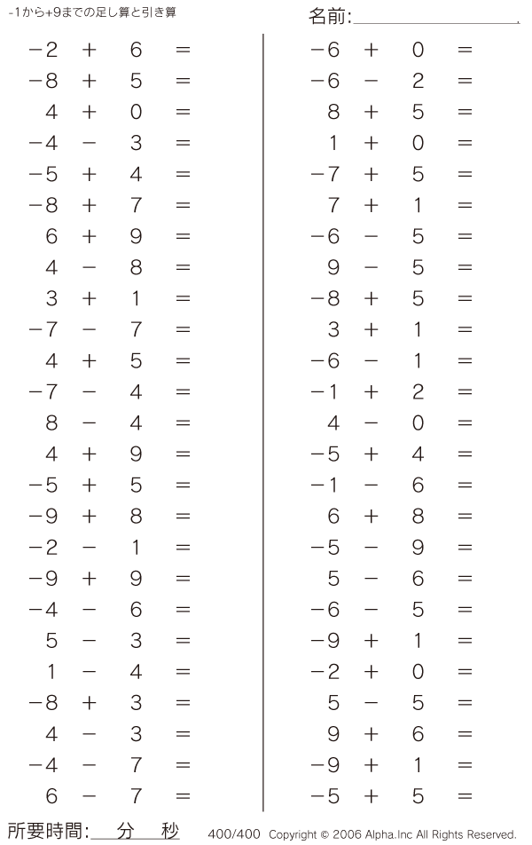 1から 9までの足し算と引き算 問題 400 400