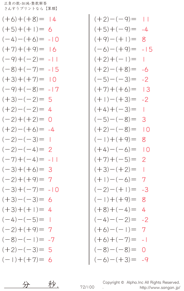 正負の数 加減 整数 解答 072 100