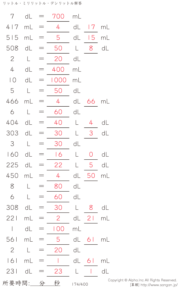 リットル デシリットル ミリリットル 解答 174 400